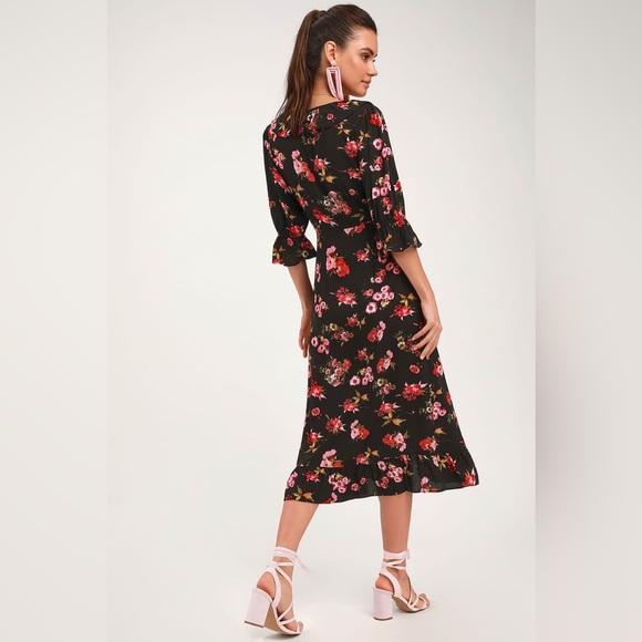 Lulus Midnight Magic Black Floral Print Ruffled Midi Dress Size MEDIUM - Picture 2 of 16